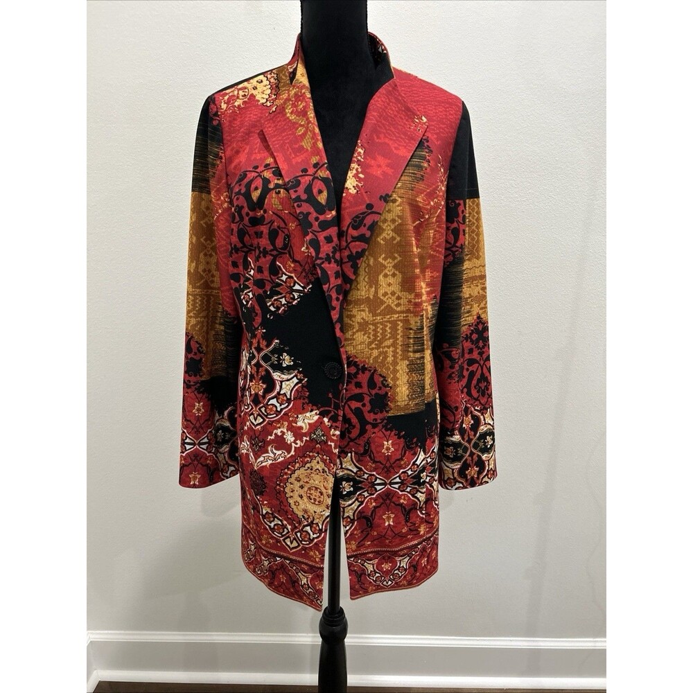 Chicos Sz 2 Womens L Long Blazer Multi Colored 1 Button Long Sleeve Lining